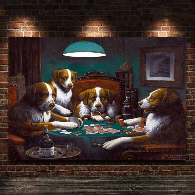 Humorous Animals Party Canvas Painting Funny Dog Playing Poker Game Poster Picture Home Gambling Casino Wall Decor