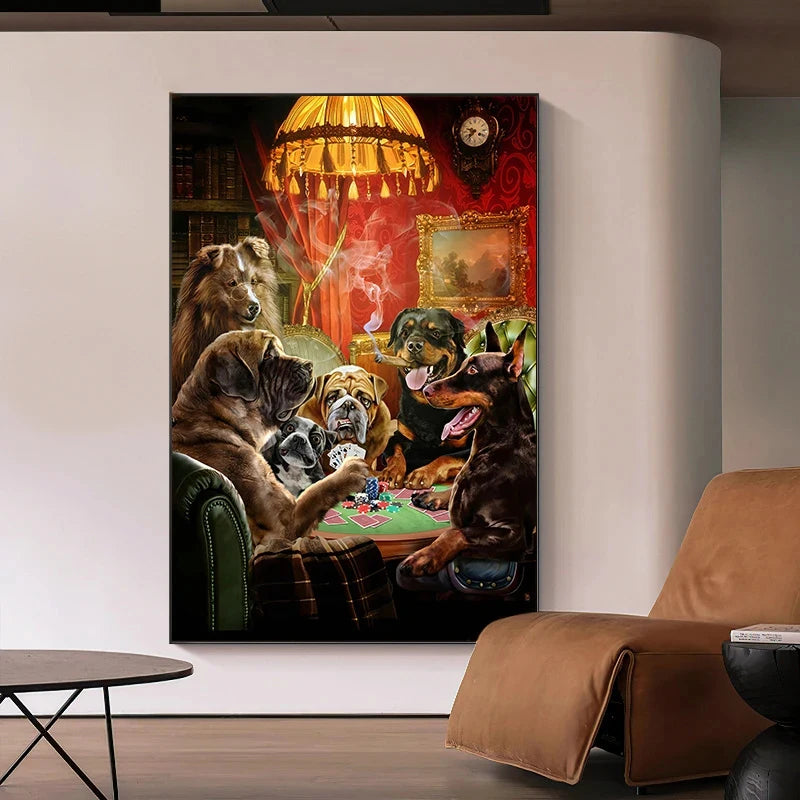 Humorous Animals Party Canvas Painting Funny Dog Playing Poker Game Poster Picture Home Gambling Casino Wall Decor