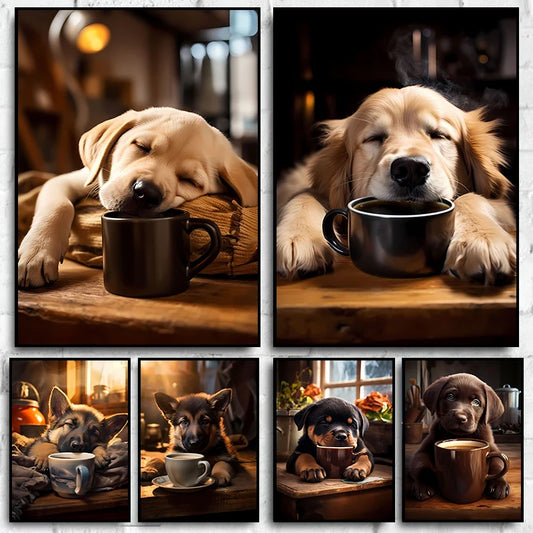 Cozy Dog and Coffee Poster Canvas Painting Print Wall Art Living Room Wall Picture Nordic Coffee Kitchen Room Home Decor Gifts