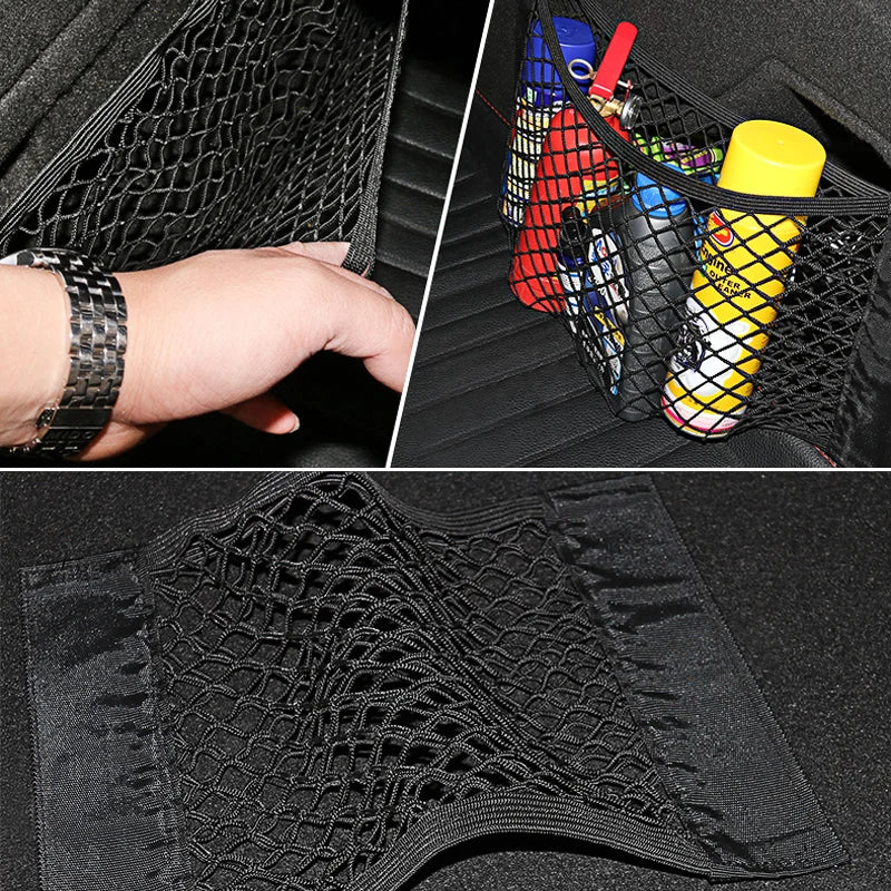Car Back Seat Rear Mesh Trunk Seat Elastic String Net Magic Sticker Universal Storage Pocket Cage Auto Organizer