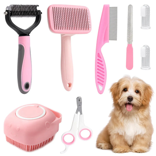 8-piece Brush Grooming Set (with nail clippers and files, flea comb, shampoo bath brush)