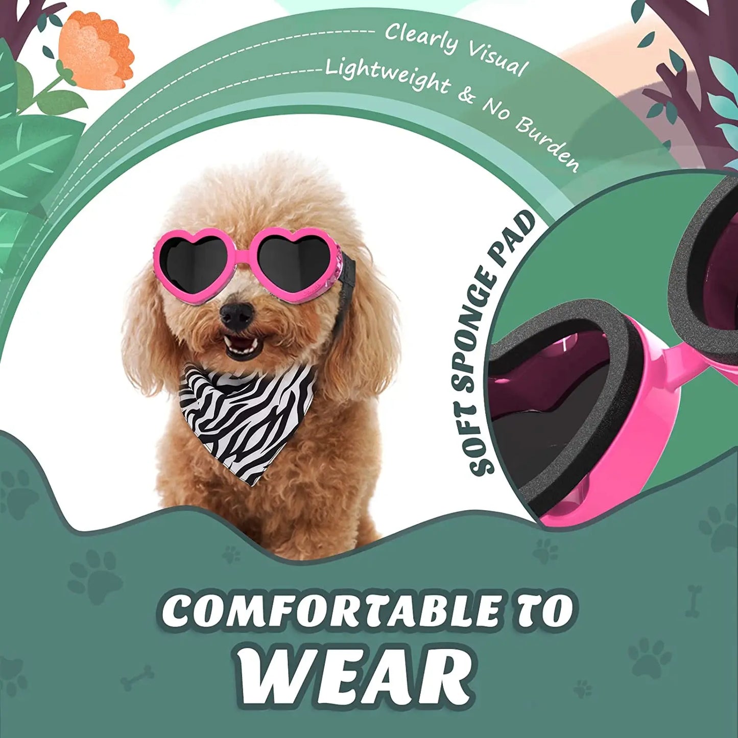 ATUBAN Small Dog Sunglasses UV Protection Goggles Eye Wear Protection with Adjustable Strap Doggy Heart Shape Anti-Fog Sunglasse