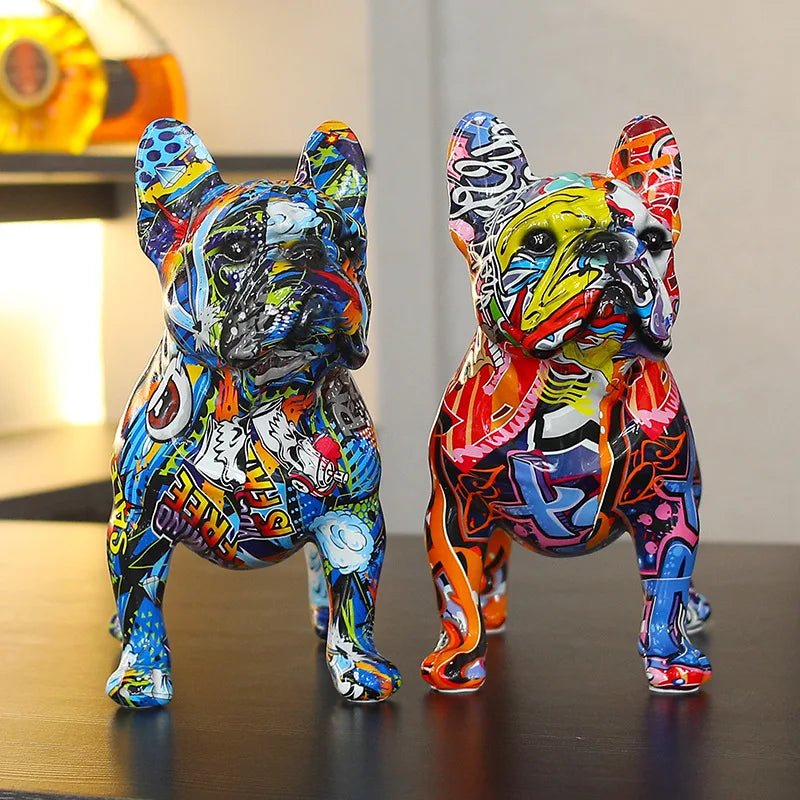 Colorful Standing French Bulldog Resin Statue Decoration, Pet Dog DIY Graffiti Crafts, Desktop Animal Statue Ornament.