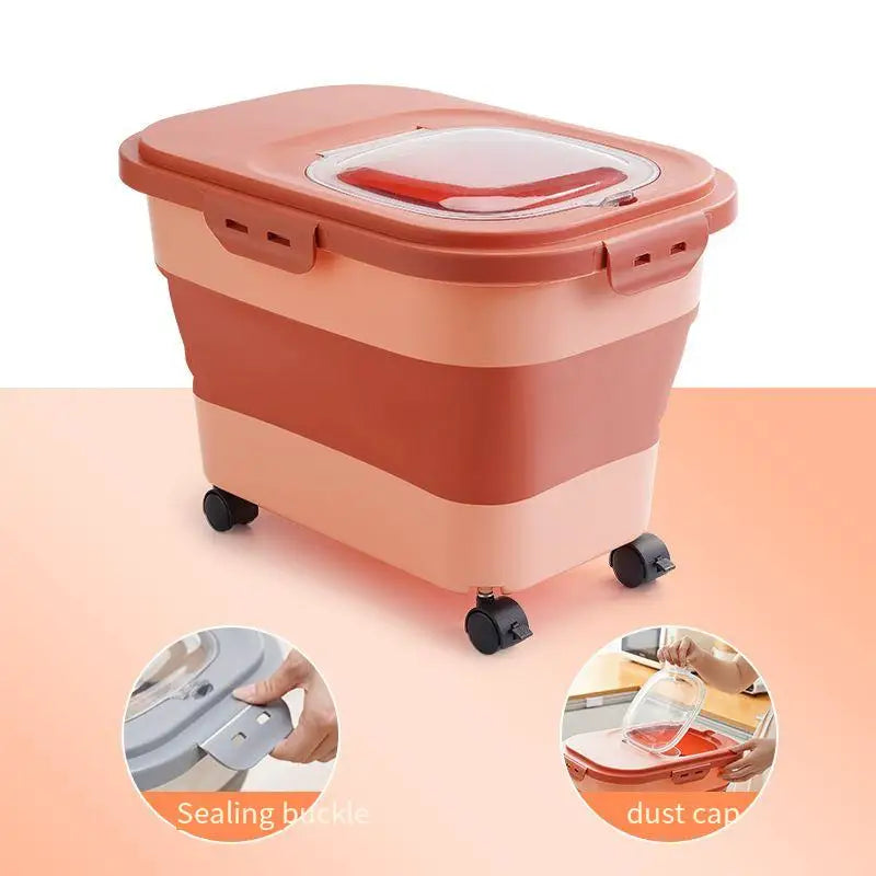 Foldable Food Bucket On Wheels Multifunctional Moisture Proof Box Dog Snack Container With Clear Lid