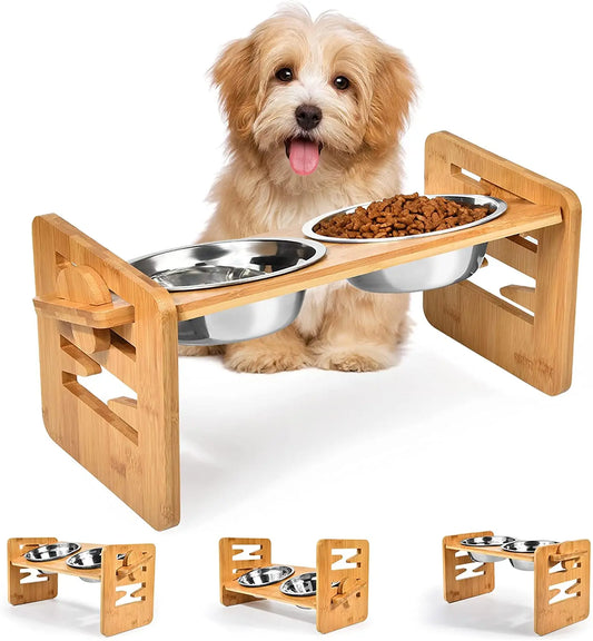 Bamboo Elevated Bowls with Adjustable Stand