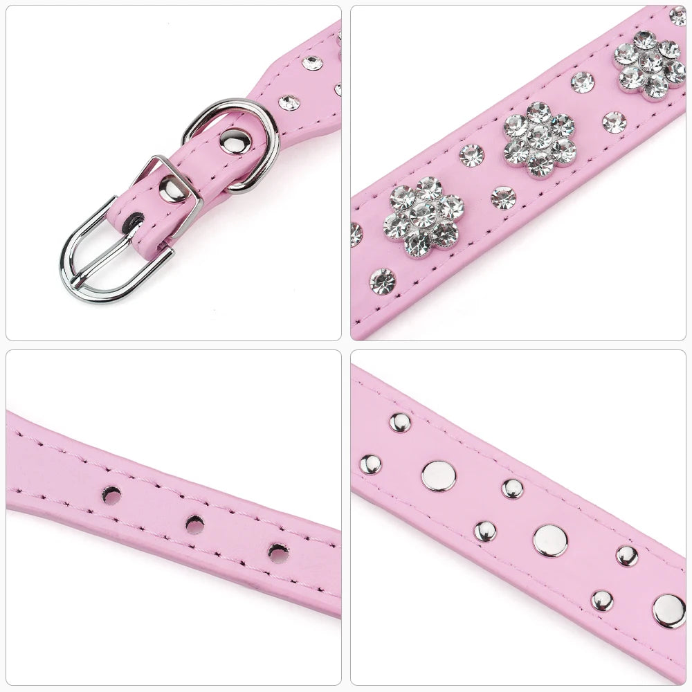 Shiny Rhinestone Pet Collar Adjustable Leather Dog Collar Strong and Durable with Rhinestones Plum for Small Large Dogs and Cats