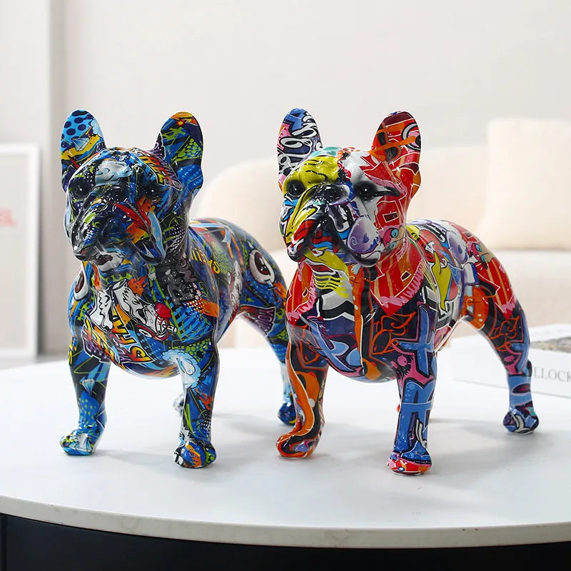 Colorful Standing French Bulldog Resin Statue Decoration, Pet Dog DIY Graffiti Crafts, Desktop Animal Statue Ornament.
