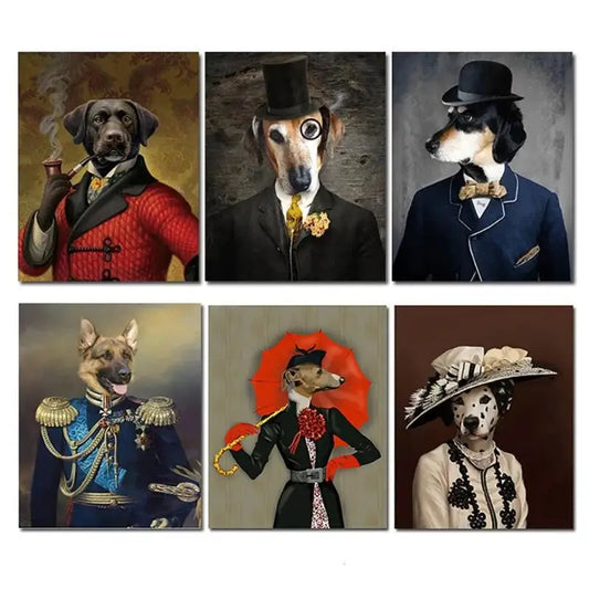 Dog In Suit Canvas Artwork, Cute Animal Head Human Body Poster, Funny Retro Pet Picture, Ideal for Bedroom and Living Room Decor