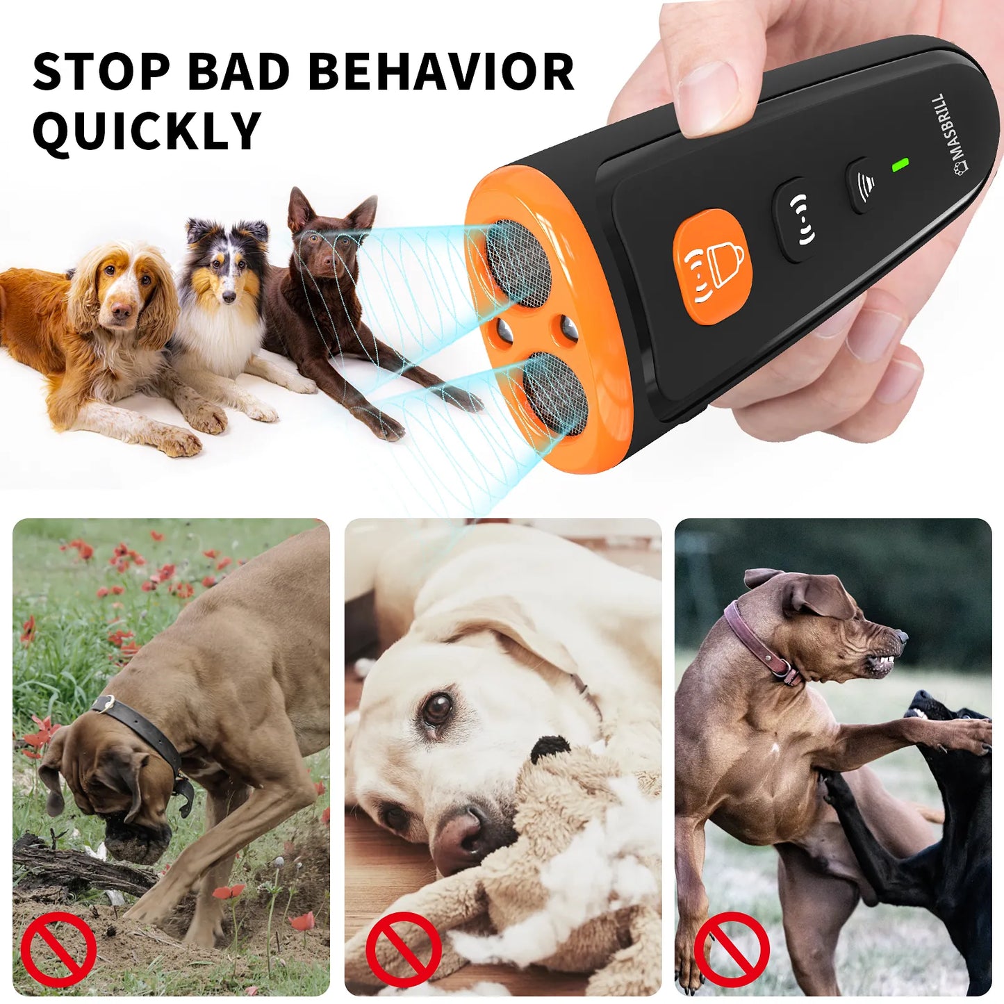 MASBRILL Dog Anti Bark Training Device Ultrasonic 3 Modes USB Rechargeable