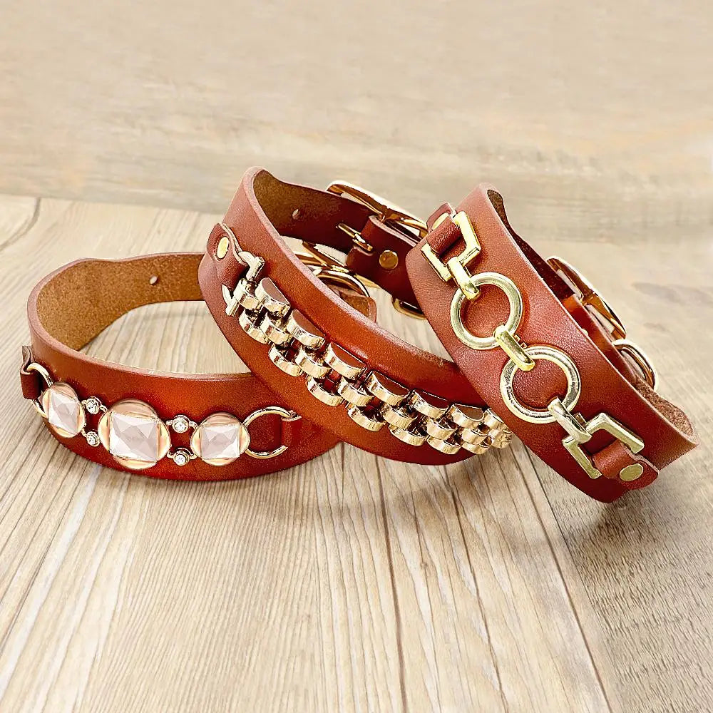 Luxurious Fashion Leather Collar Gold & Bling